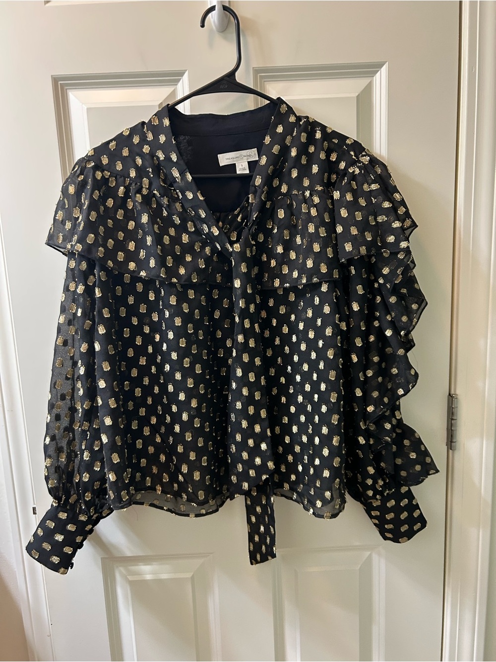 Black Tie-Neck Blouse with Gold Dot Print - Picture 5 of 7